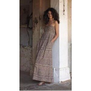 Anthropologie‎ Edme & Esyllte Dress Women 0 Ivory Brown Strapless Hypnotic Maxi